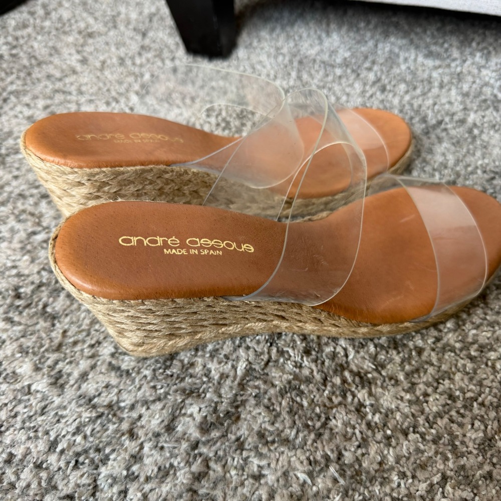 Andre Assous Clear Strap Espadrille Wedge Sandals Tan Leather Made in Spain 38